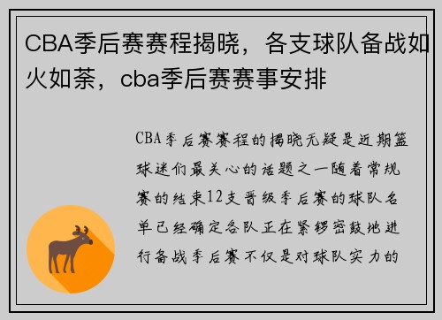 CBA季后赛赛程揭晓，各支球队备战如火如荼，cba季后赛赛事安排