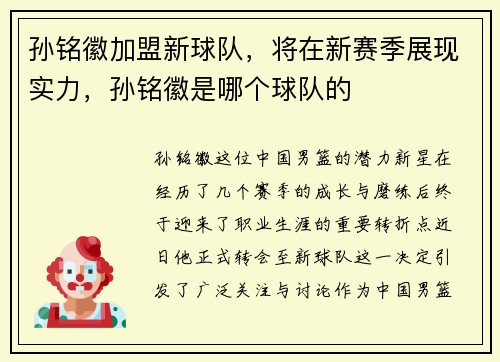 孙铭徽加盟新球队，将在新赛季展现实力，孙铭徽是哪个球队的
