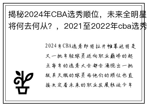揭秘2024年CBA选秀顺位，未来全明星将何去何从？，2021至2022年cba选秀时间