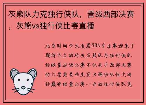 灰熊队力克独行侠队，晋级西部决赛，灰熊vs独行侠比赛直播