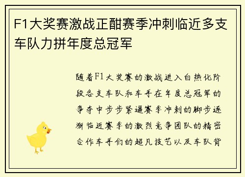 F1大奖赛激战正酣赛季冲刺临近多支车队力拼年度总冠军